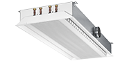 Super flat active chilled beam with two-way air discharge and horizontal heat exchanger, suitable for grid ceilings with grid size 600 or 625