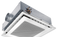 Active chilled beam with four-way air discharge, vertical heat exchanger and condensate drip tray, for grid ceilings with grid size 600 or 625